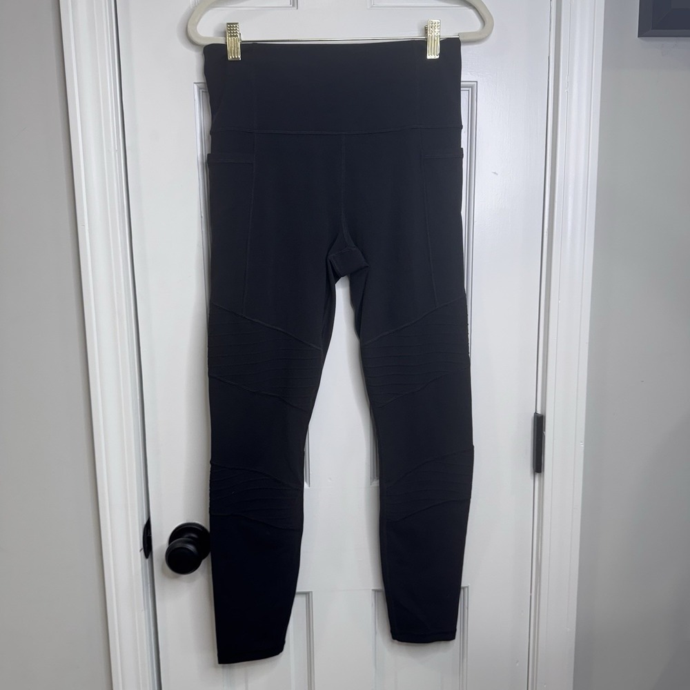 Athleta Moto Leggings Womens Medium Black High Rise Pocket Yoga Workout